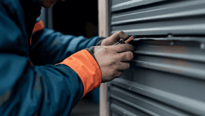 Garage door repair technology – A technician repairing a garage door